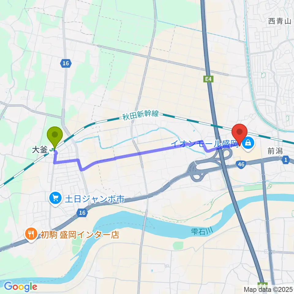 タワーレコード盛岡店の最寄駅大釜駅からの徒歩ルート（約37分）地図