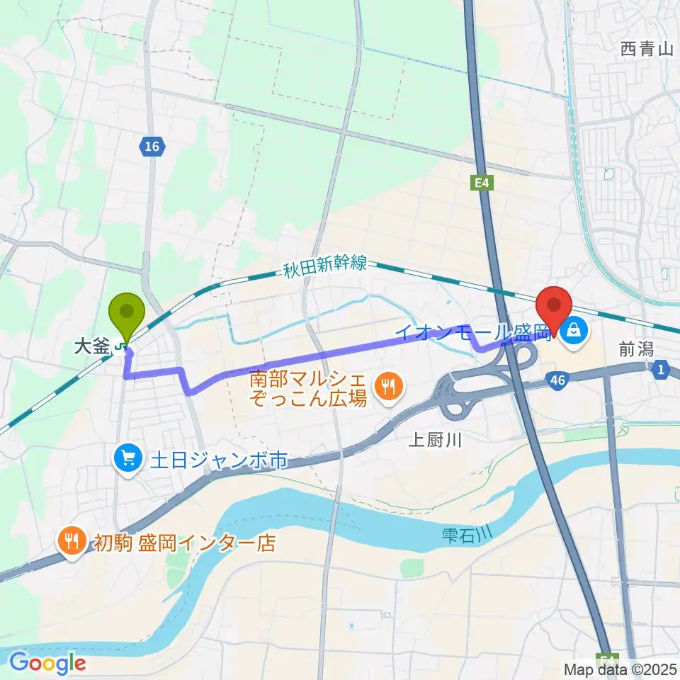 タワーレコード盛岡店の最寄駅大釜駅からの徒歩ルート（約37分）地図