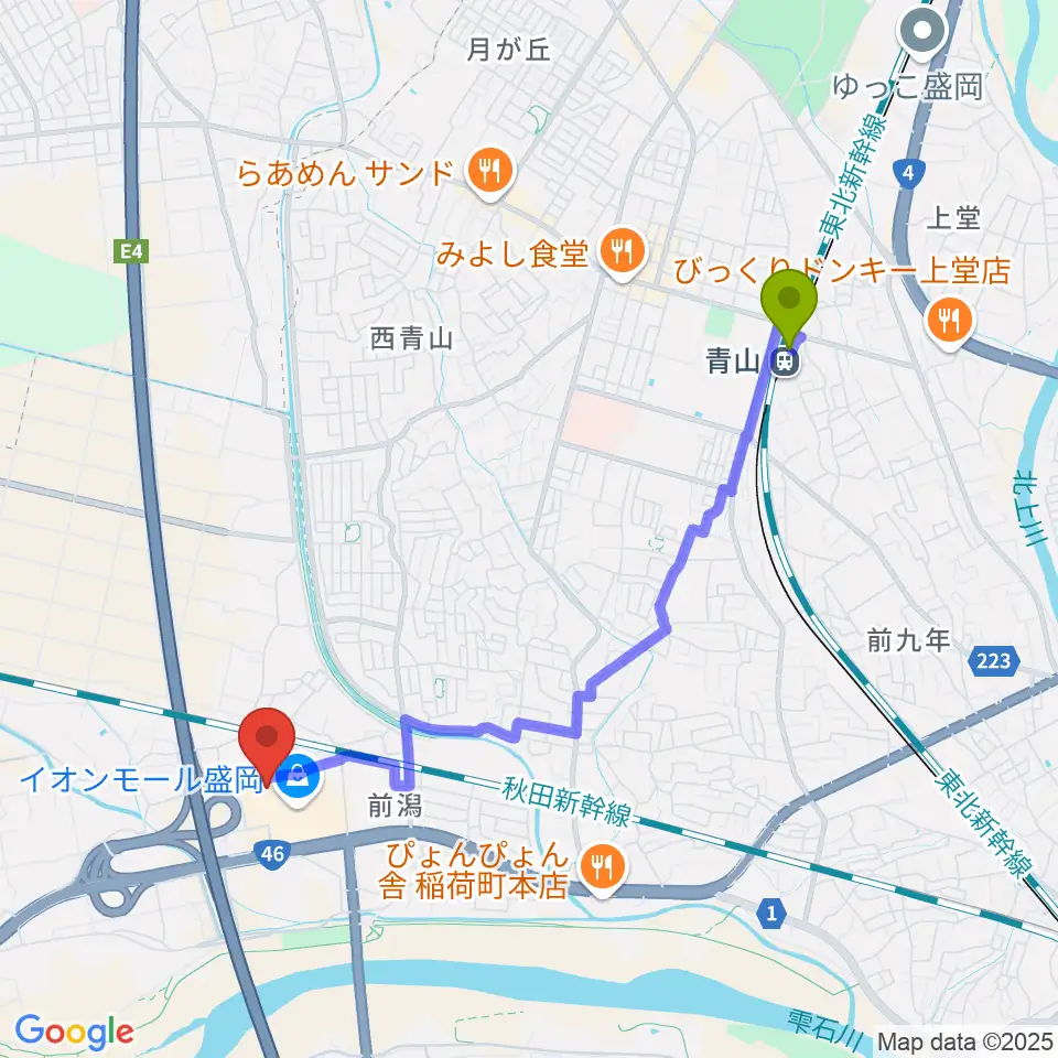 青山駅からタワーレコード盛岡店へのルートマップ地図