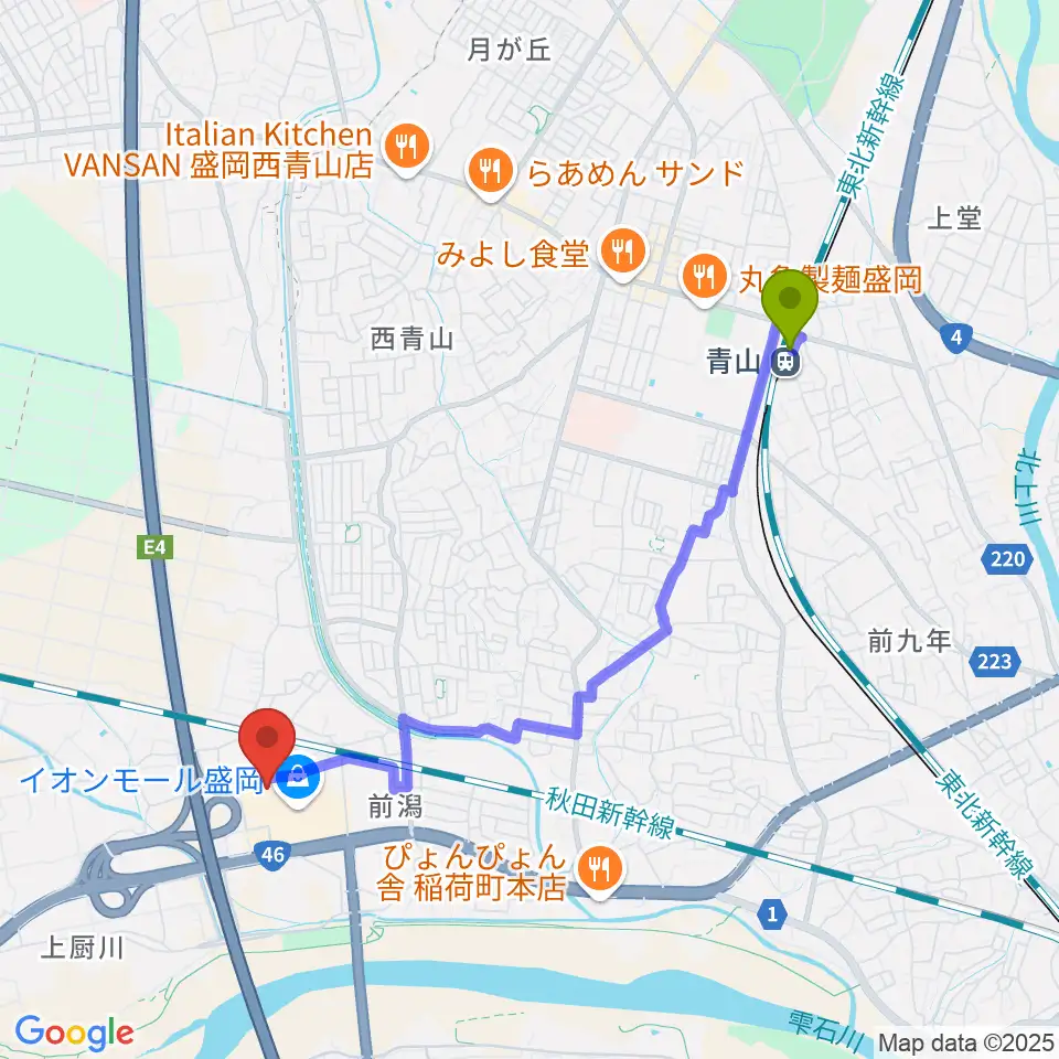 青山駅からタワーレコード盛岡店へのルートマップ地図