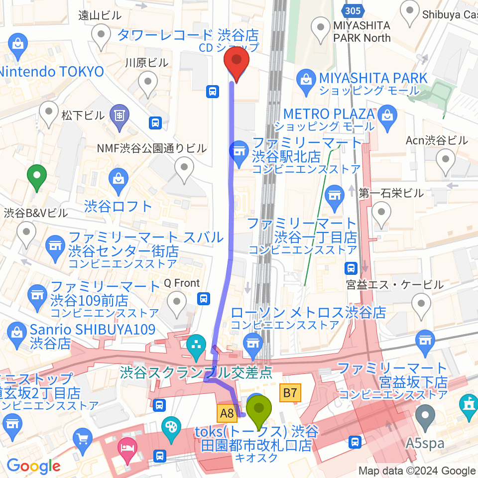 タワーレコード渋谷店の最寄駅渋谷駅からの徒歩ルート（約6分）地図