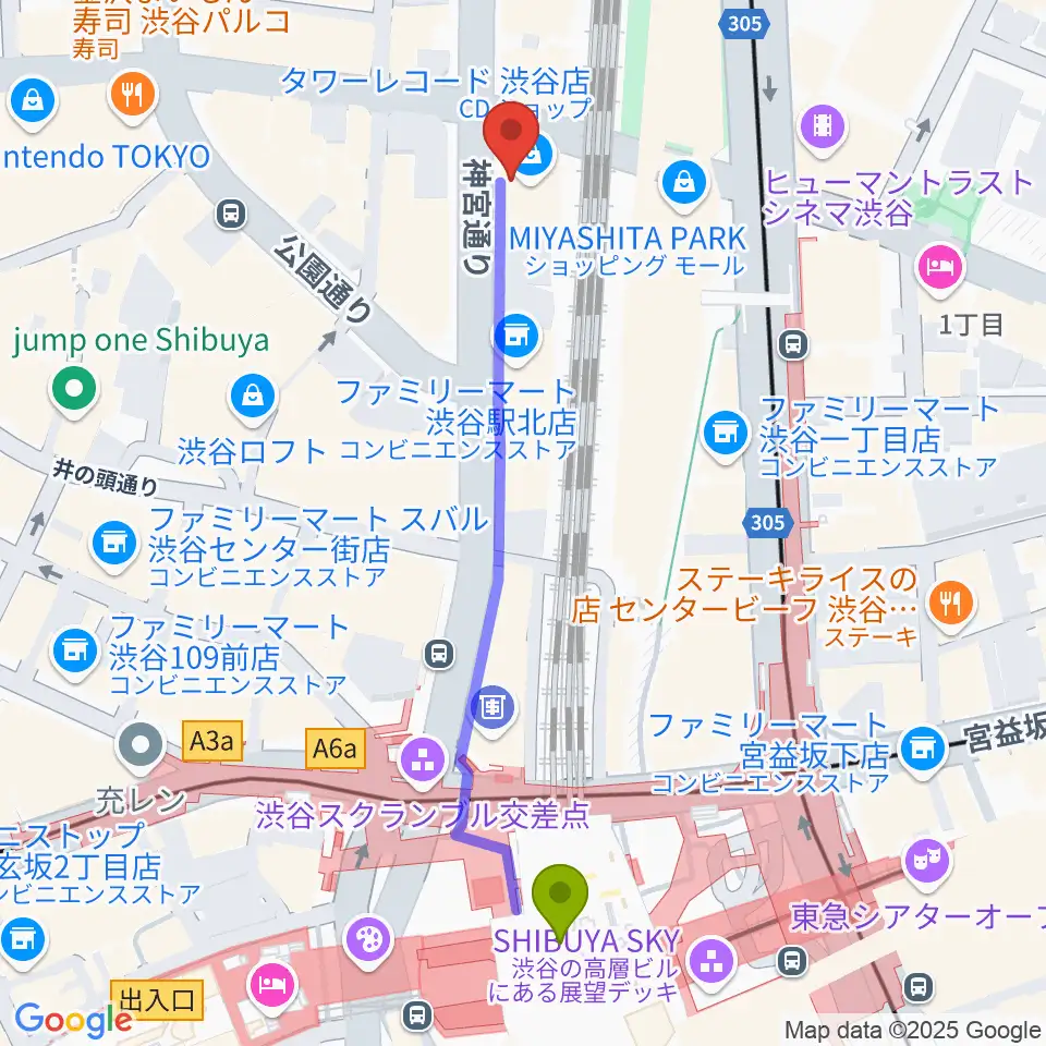 タワーレコード渋谷店の最寄駅渋谷駅からの徒歩ルート（約6分）地図
