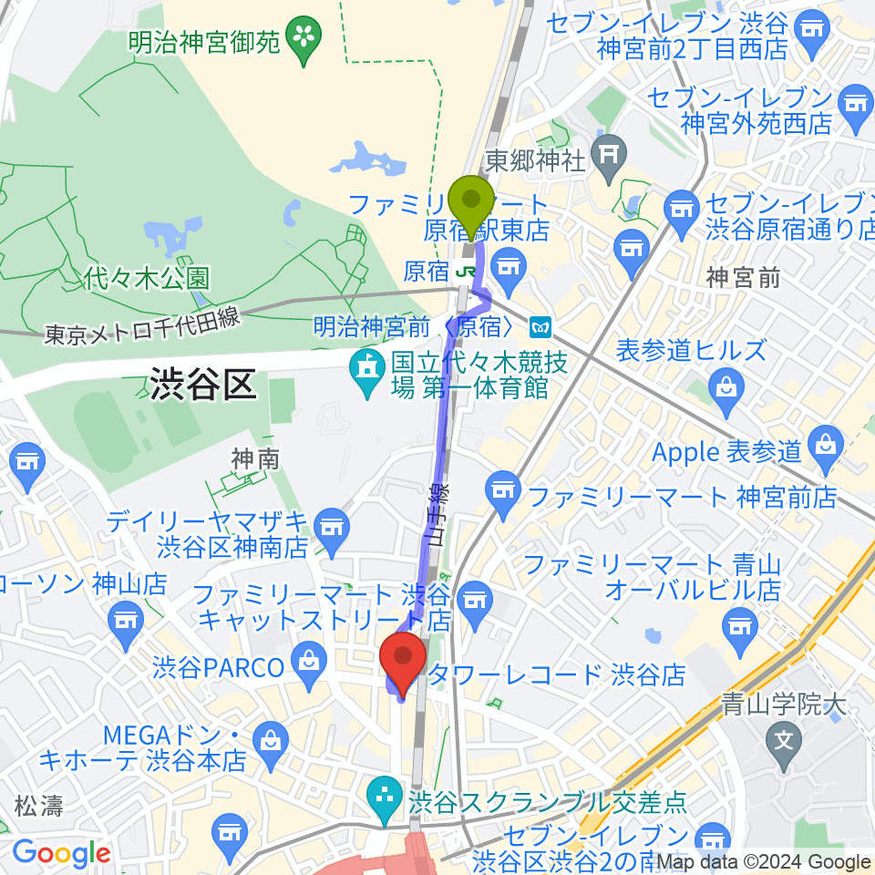 原宿駅からタワーレコード渋谷店へのルートマップ地図
