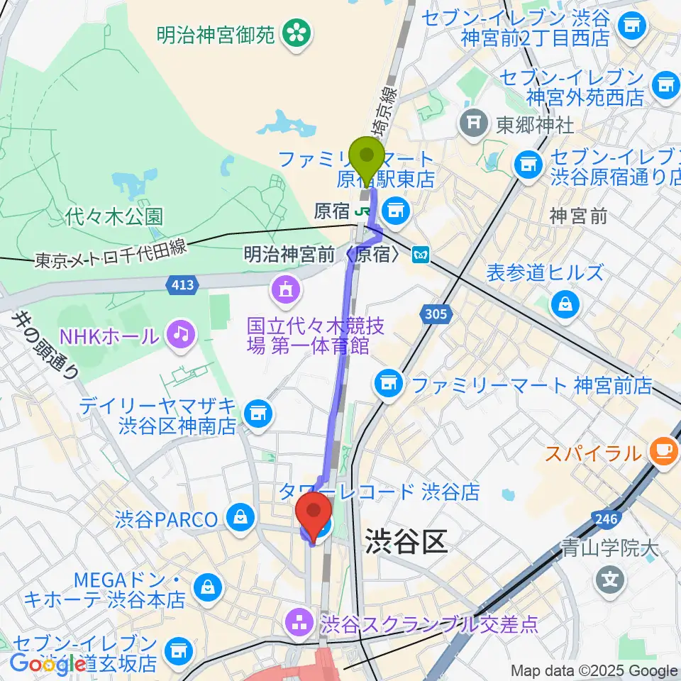 原宿駅からタワーレコード渋谷店へのルートマップ地図