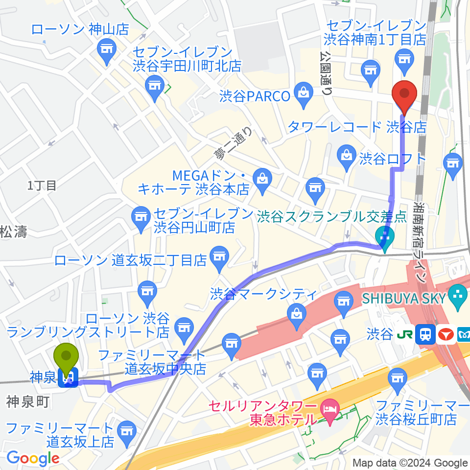 神泉駅からタワーレコード渋谷店へのルートマップ地図