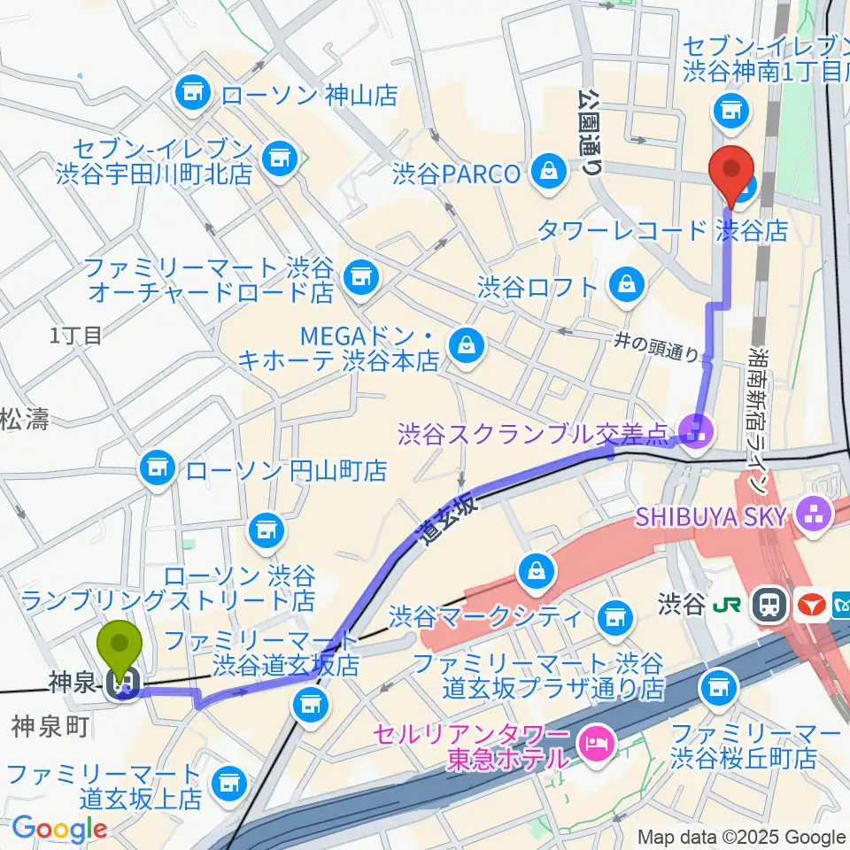 神泉駅からタワーレコード渋谷店へのルートマップ地図