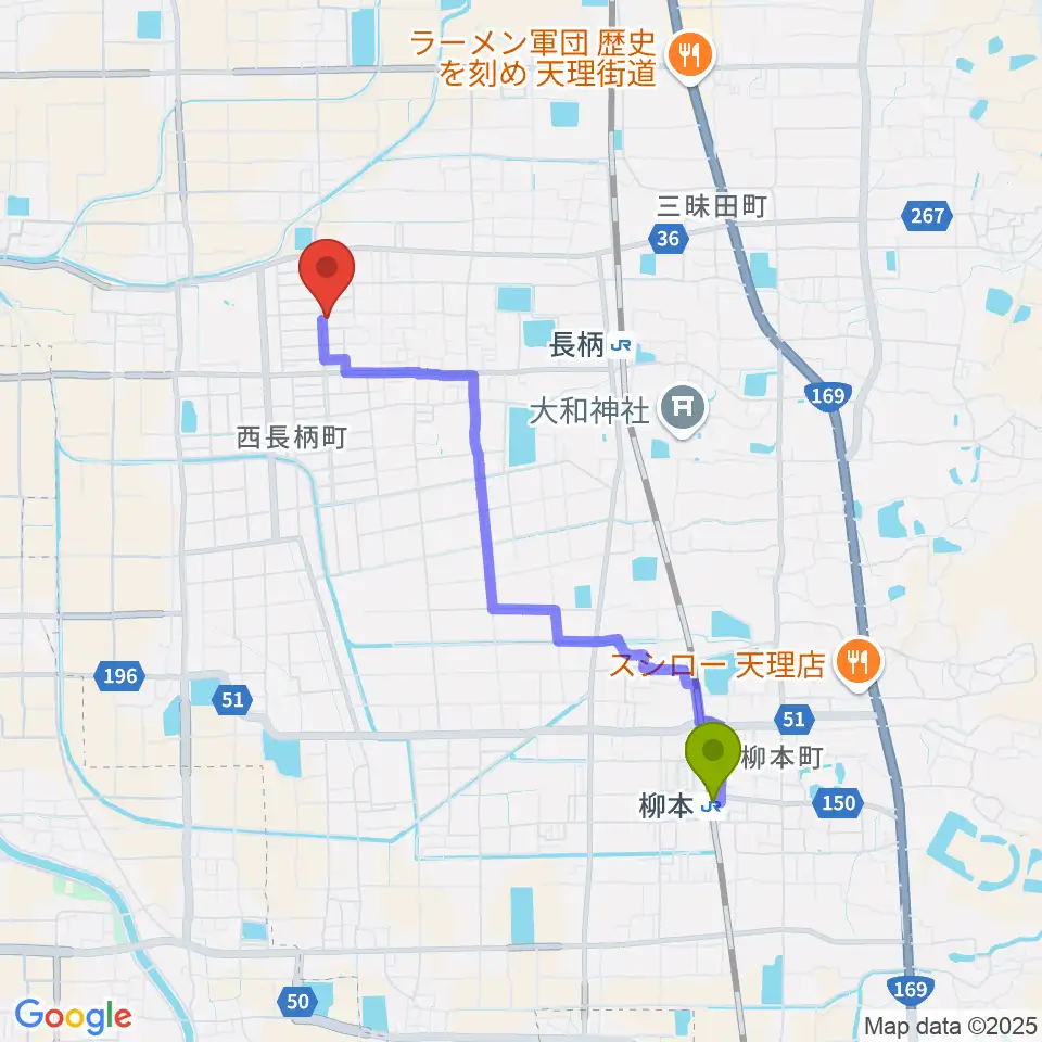 柳本駅から琴・三絃やまもとへのルートマップ地図