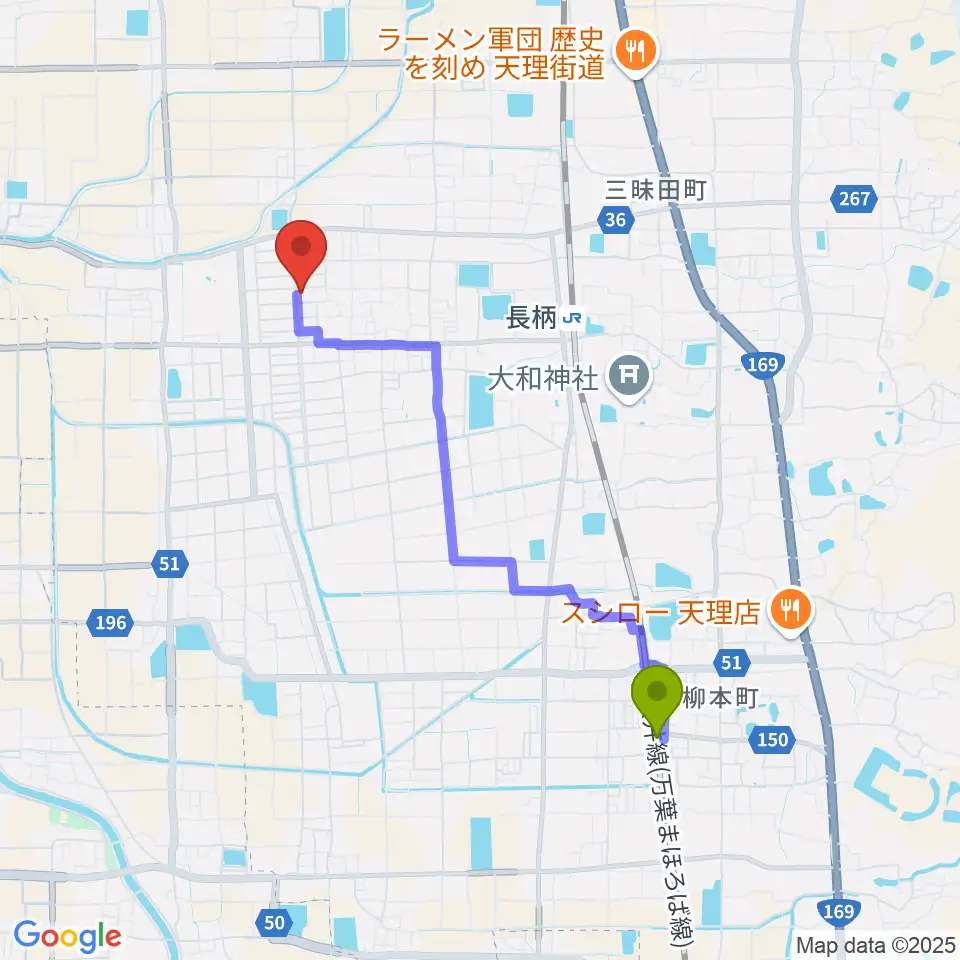 柳本駅から琴・三絃やまもとへのルートマップ地図