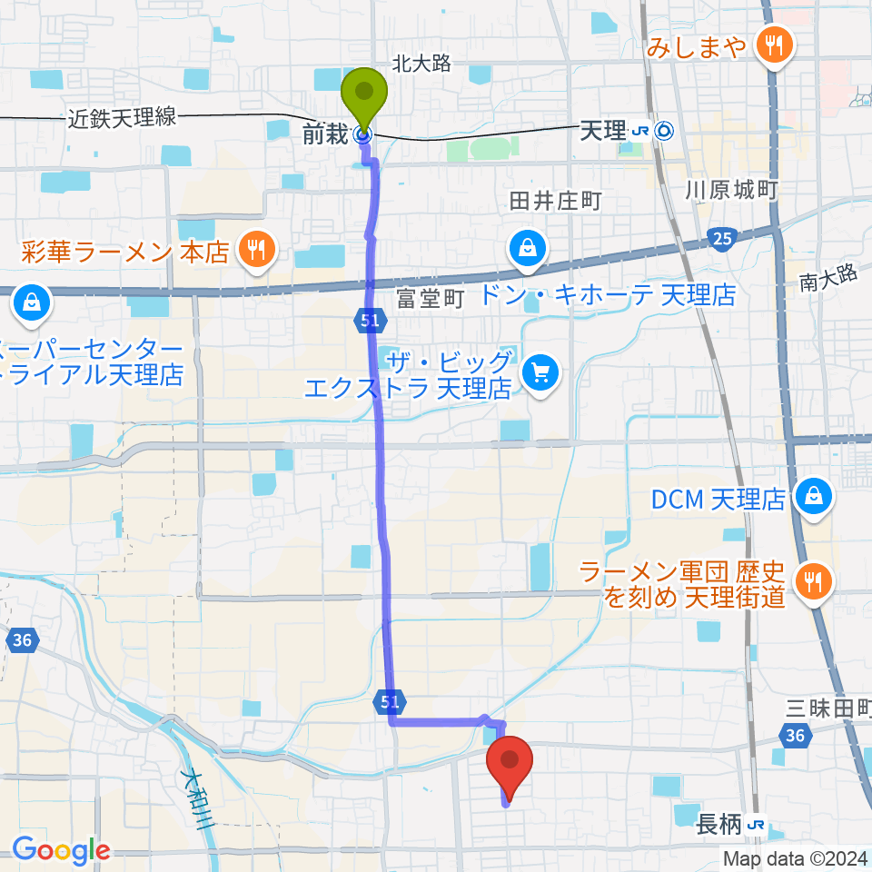 前栽駅から琴・三絃やまもとへのルートマップ地図