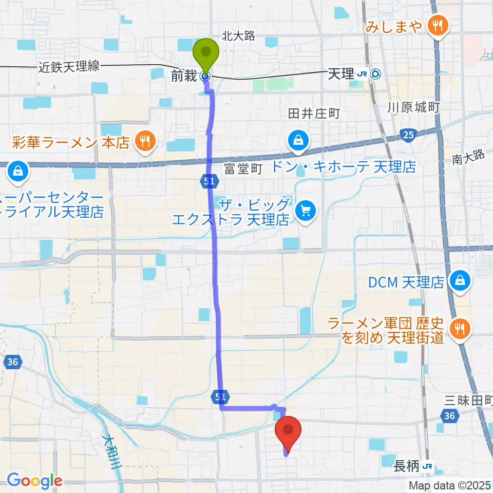 前栽駅から琴・三絃やまもとへのルートマップ地図