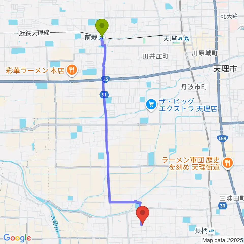 前栽駅から琴・三絃やまもとへのルートマップ地図