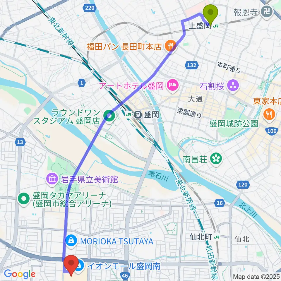 上盛岡駅からJEUGIAカルチャーセンター イオンモール盛岡南へのルートマップ地図