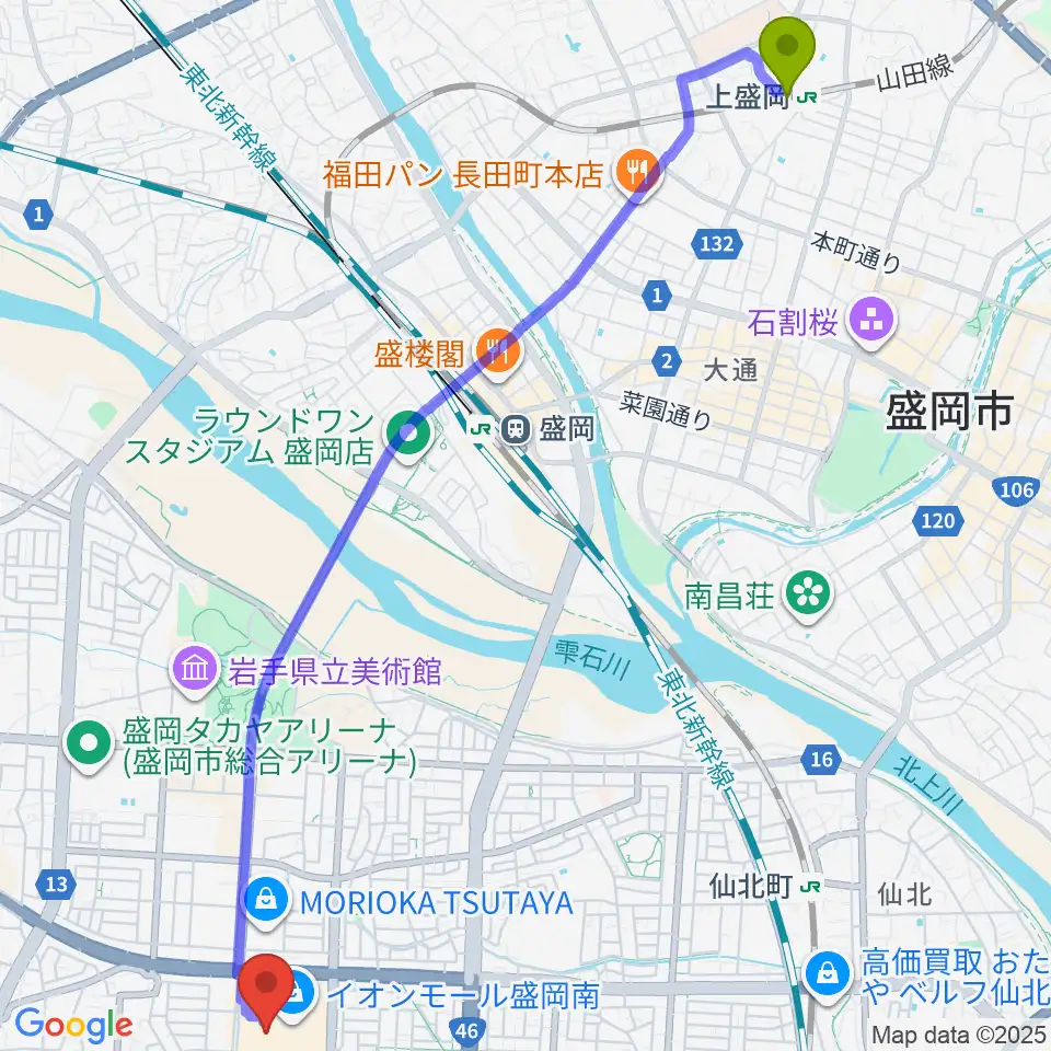 上盛岡駅からJEUGIAカルチャーセンター イオンモール盛岡南へのルートマップ地図