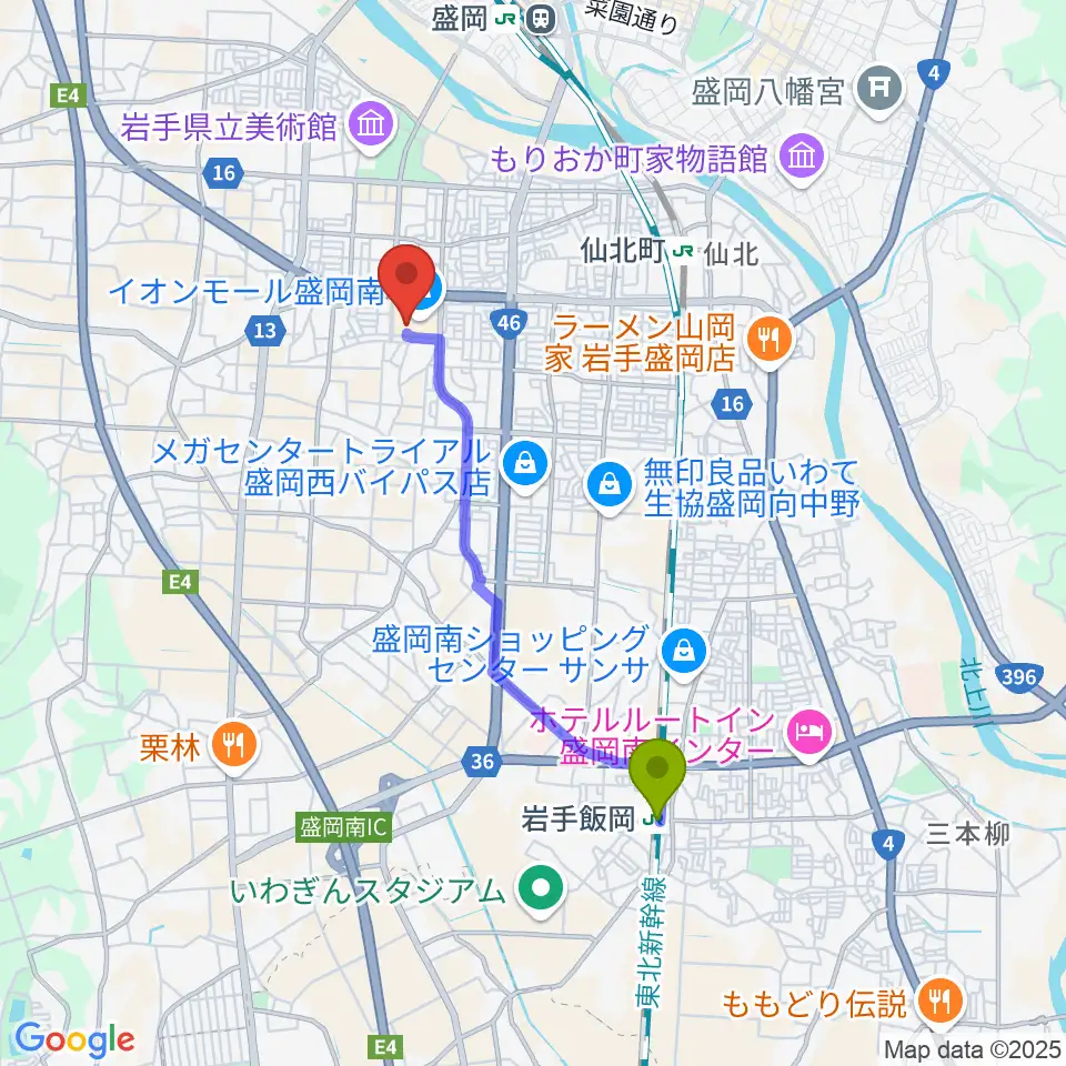 岩手飯岡駅からJEUGIAカルチャーセンター イオンモール盛岡南へのルートマップ地図