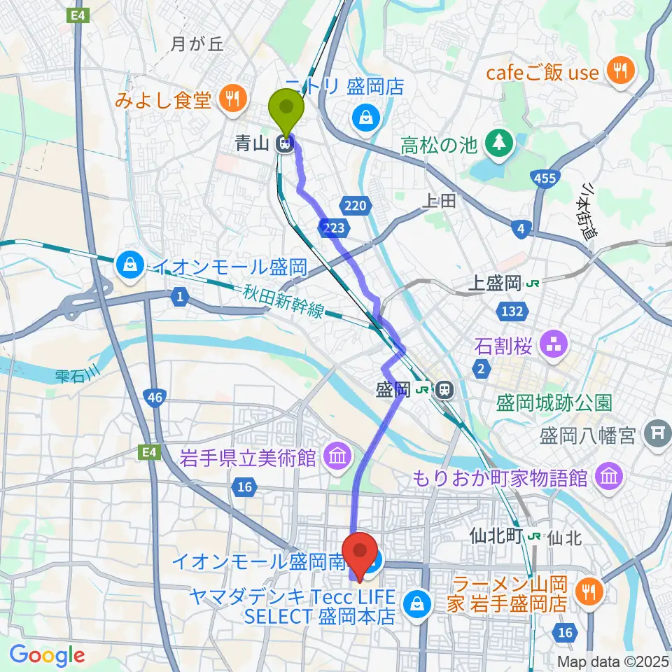 青山駅からJEUGIAカルチャーセンター イオンモール盛岡南へのルートマップ地図