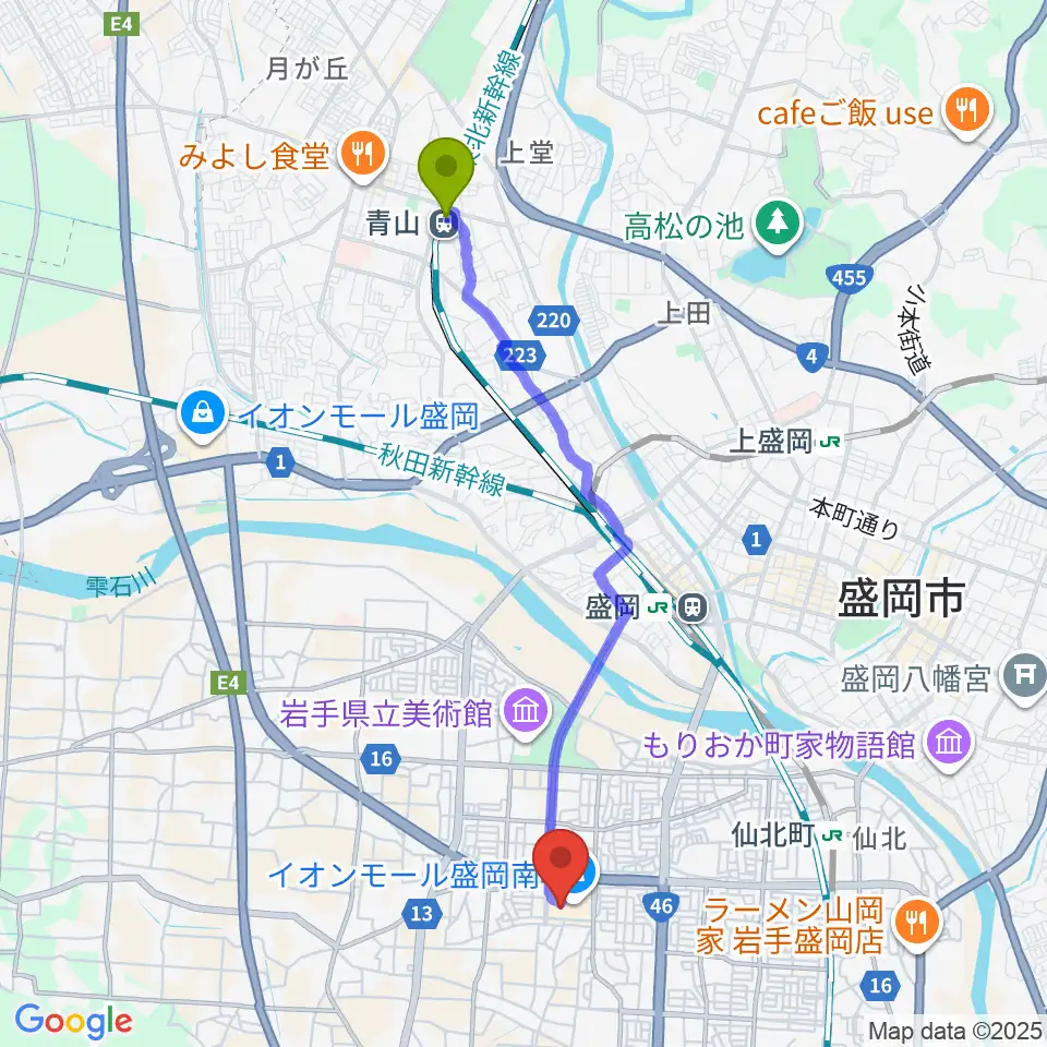 青山駅からJEUGIAカルチャーセンター イオンモール盛岡南へのルートマップ地図