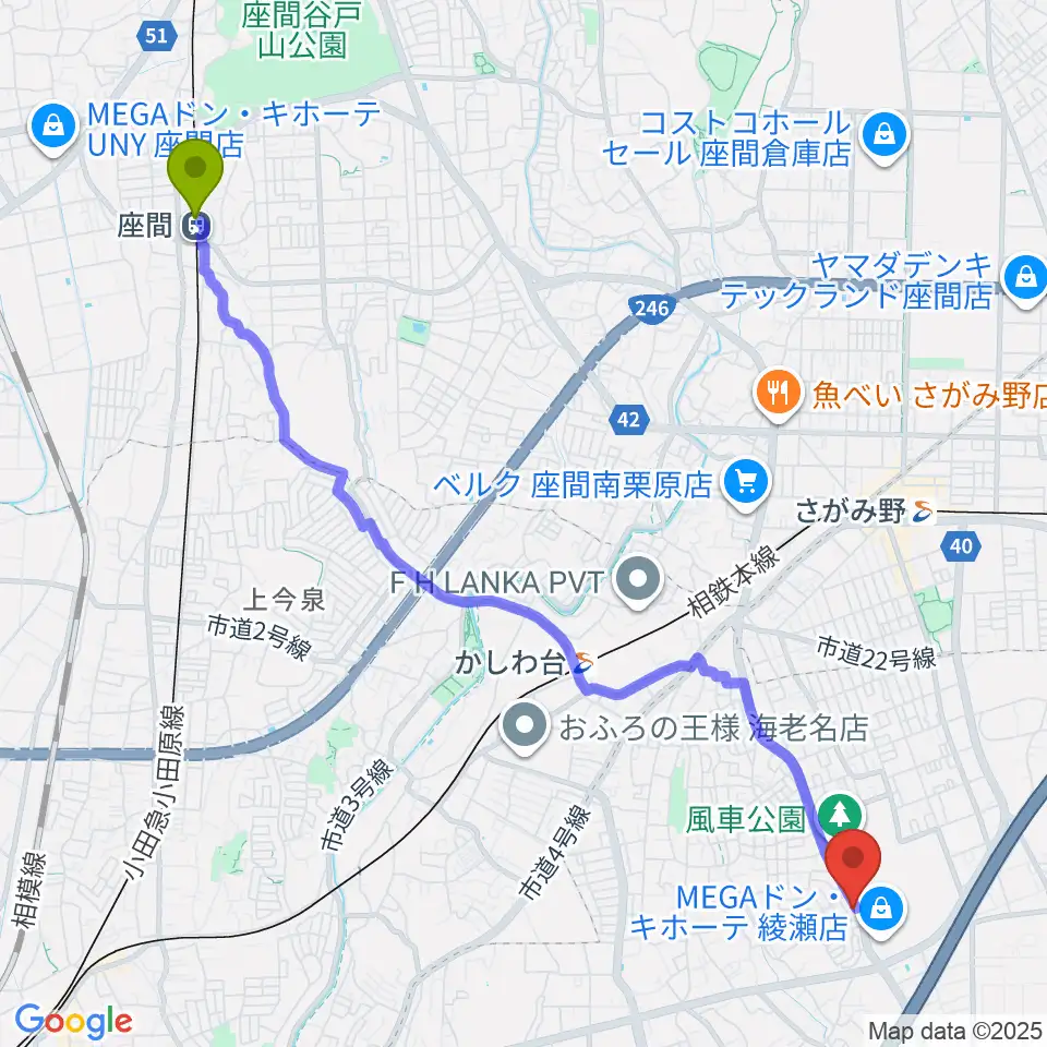 座間駅から厚木楽器 アミ綾北へのルートマップ地図