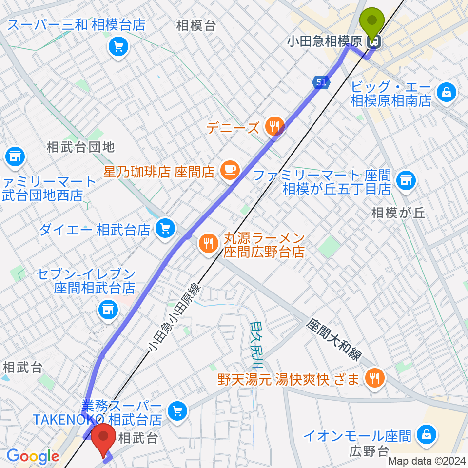 小田急相模原駅から厚木楽器 アミ相武台へのルートマップ地図