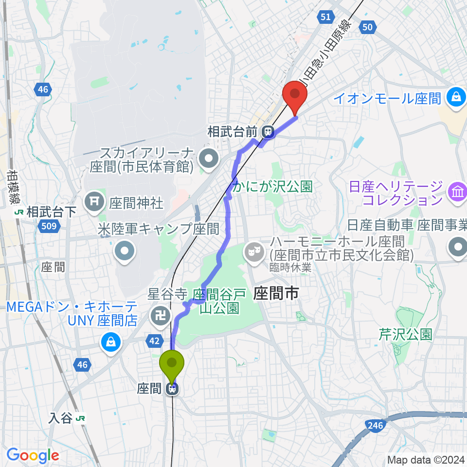 座間駅から厚木楽器 アミ相武台へのルートマップ地図