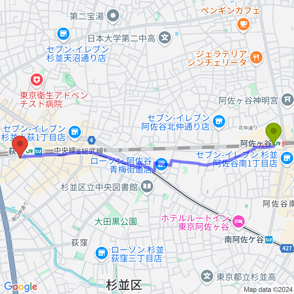 阿佐ケ谷駅からRGSギタースクールへのルートマップ地図