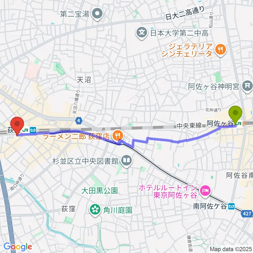 阿佐ケ谷駅からRGSギタースクールへのルートマップ地図
