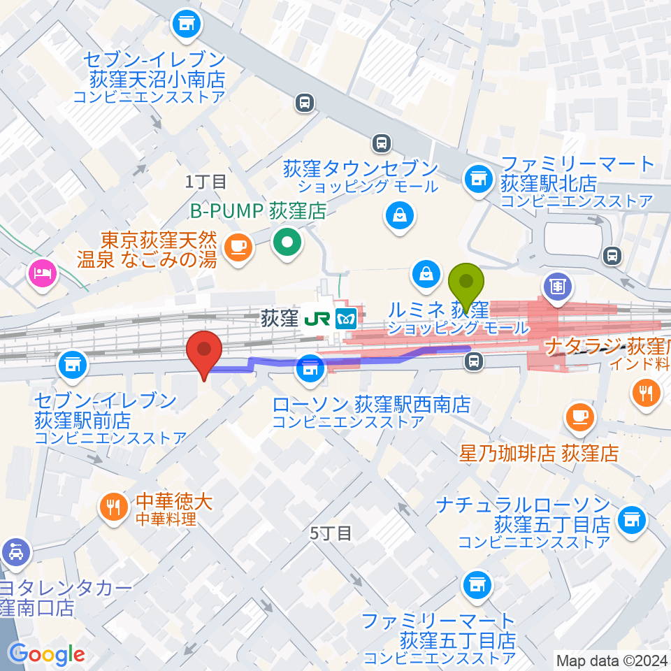 RGSギタースクールの最寄駅荻窪駅からの徒歩ルート（約3分）地図