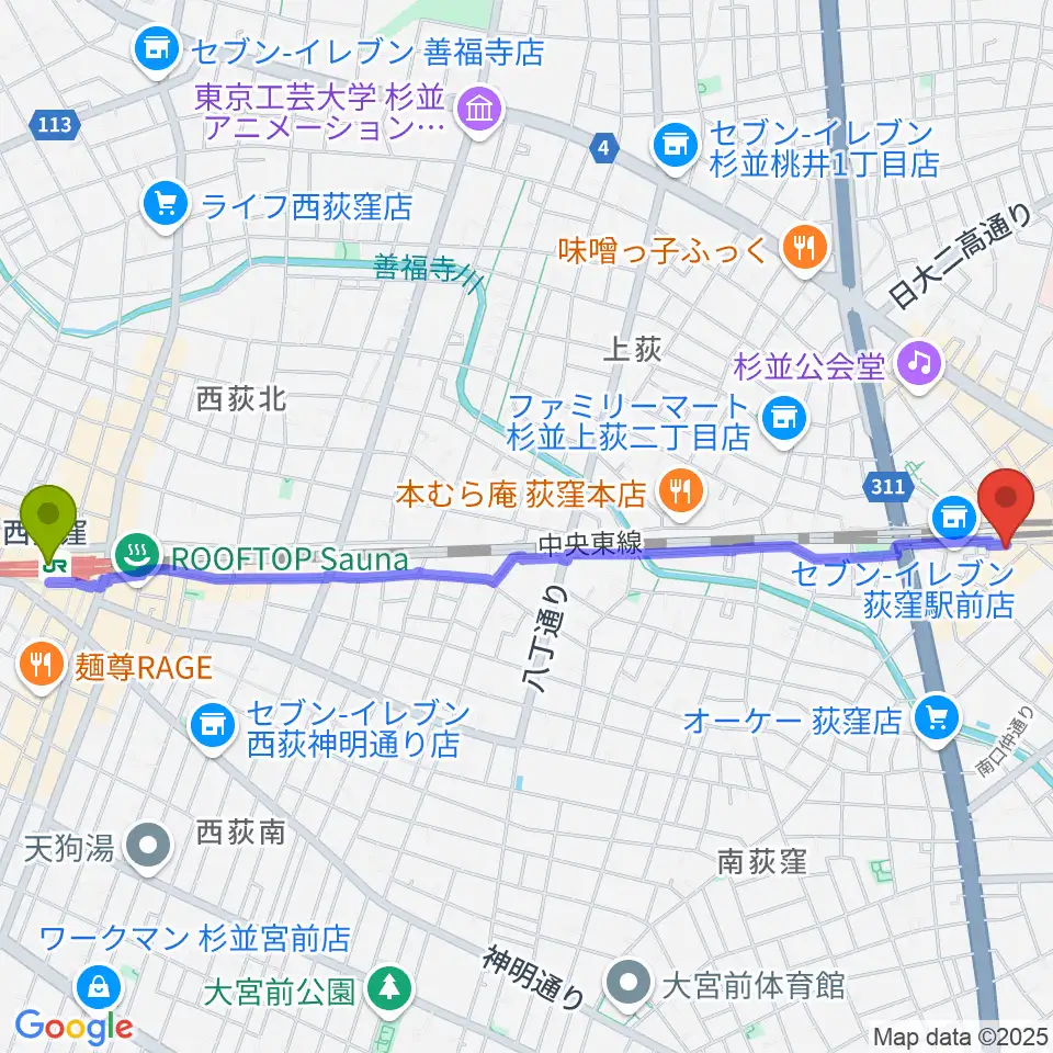 西荻窪駅からRGSギタースクールへのルートマップ地図