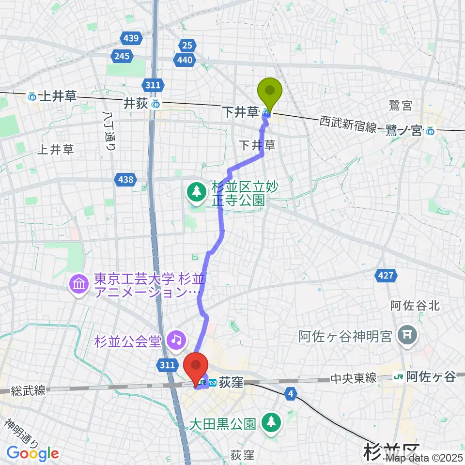 下井草駅からRGSギタースクールへのルートマップ地図