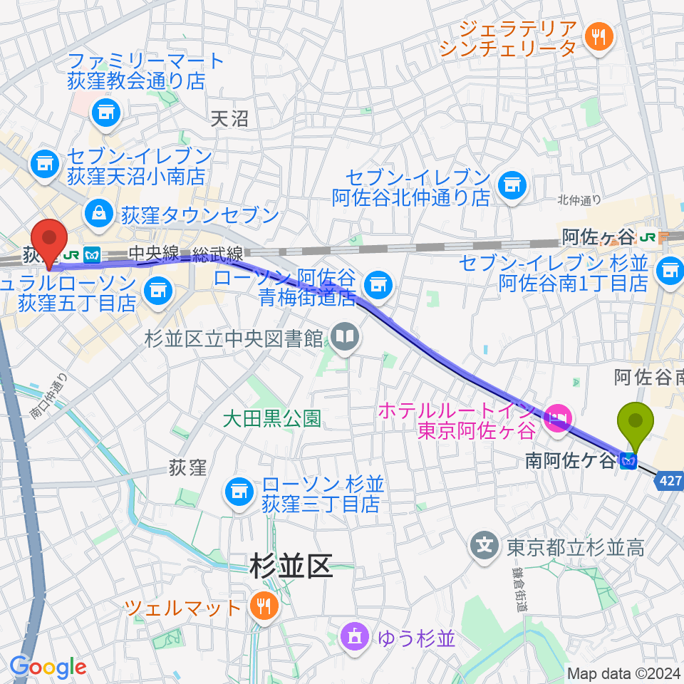 南阿佐ケ谷駅からRGSギタースクールへのルートマップ地図