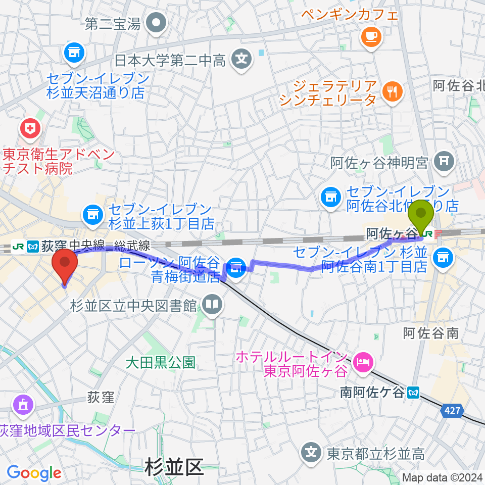 阿佐ケ谷駅から荻窪アルカフェへのルートマップ地図