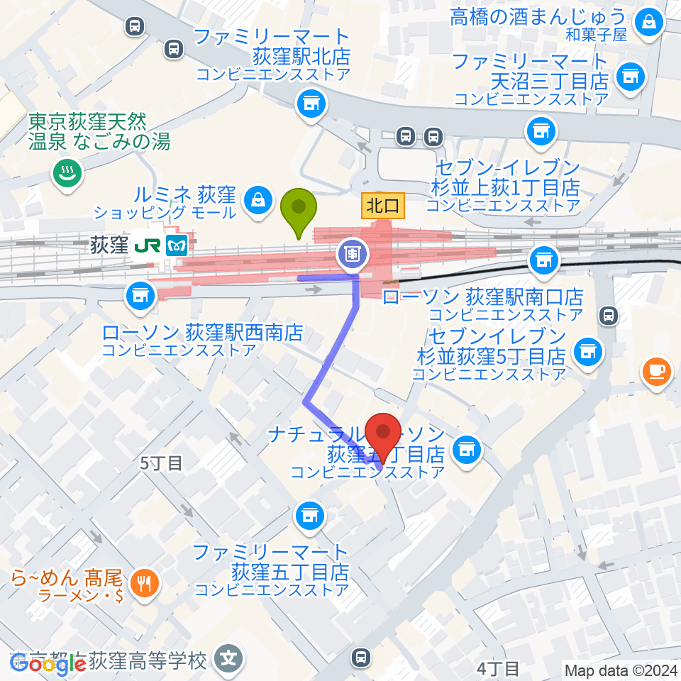 荻窪アルカフェの最寄駅荻窪駅からの徒歩ルート（約3分）地図