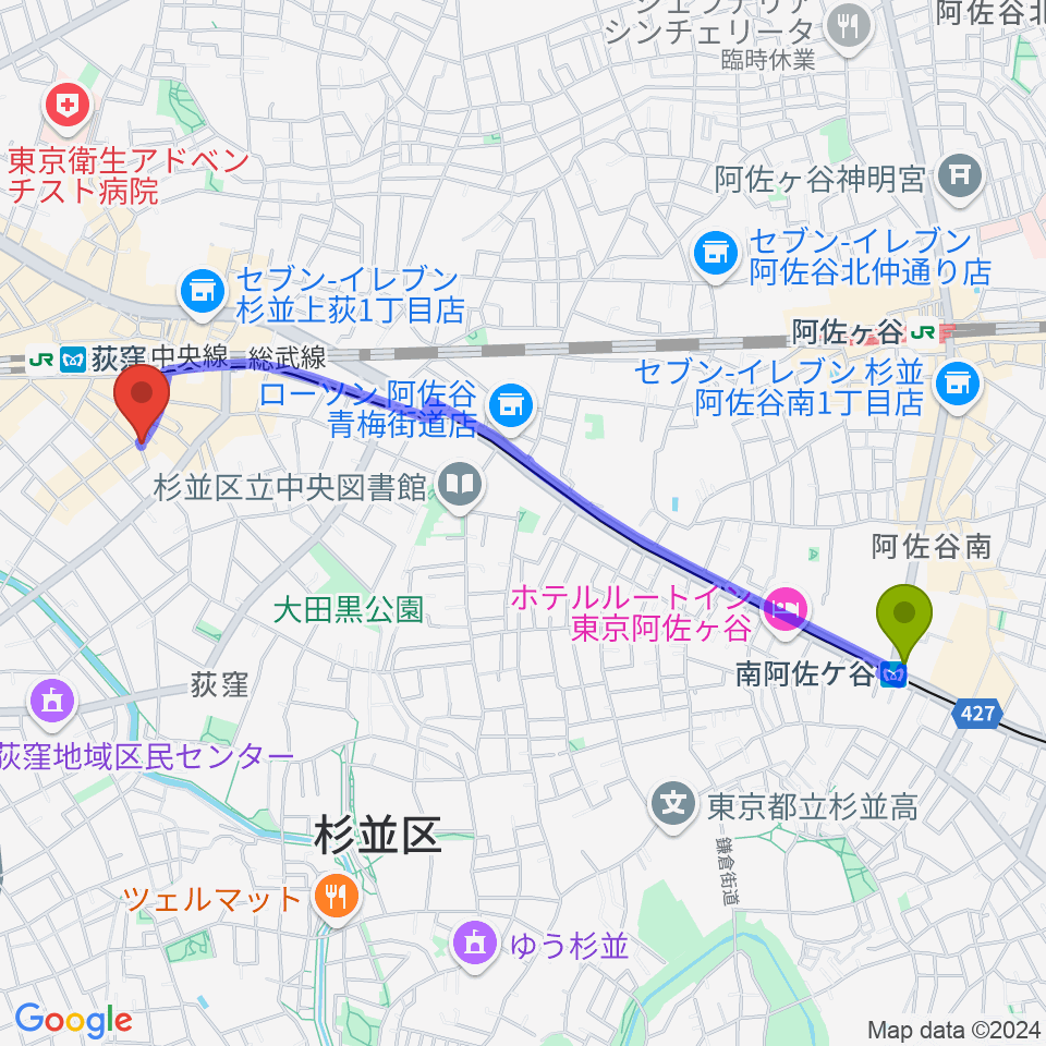 南阿佐ケ谷駅から荻窪アルカフェへのルートマップ地図