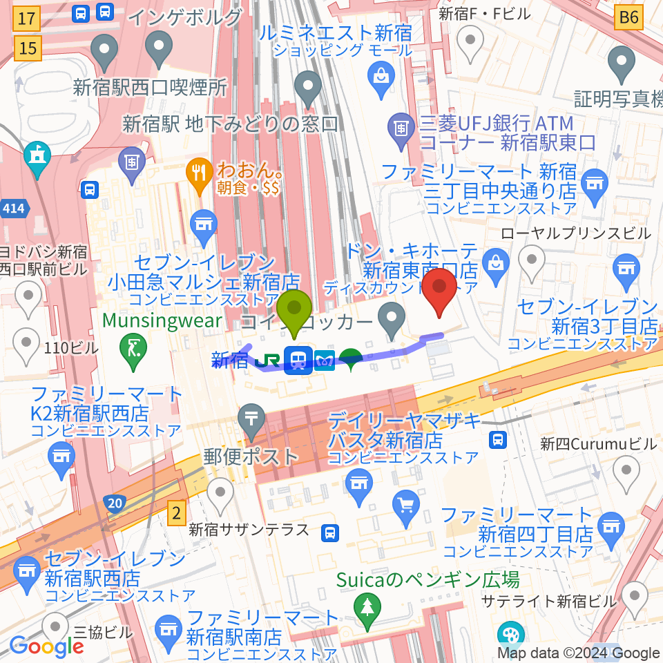 タワーレコード新宿店の最寄駅新宿駅からの徒歩ルート（約2分）地図