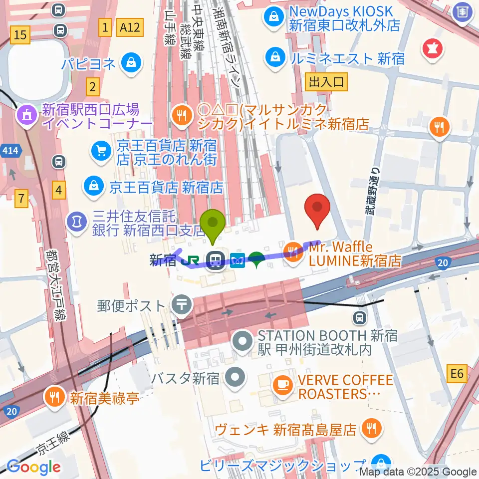 タワーレコード新宿店の最寄駅新宿駅からの徒歩ルート（約2分）地図