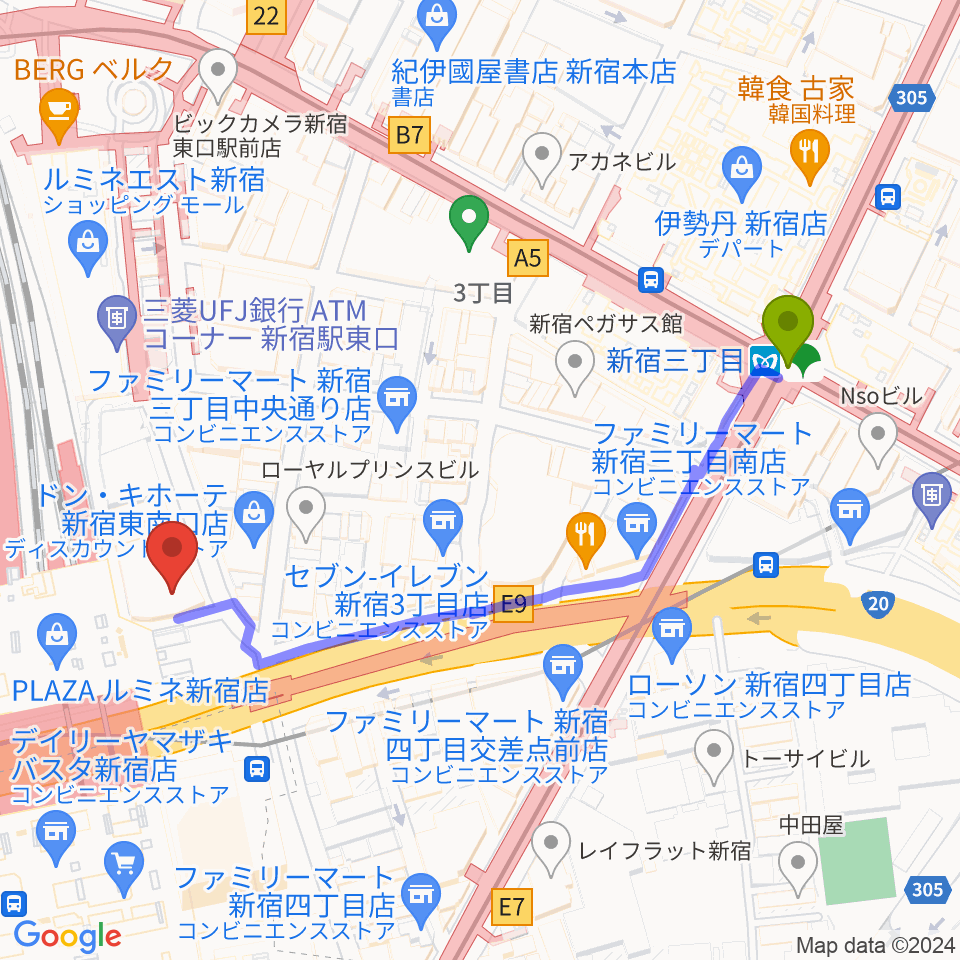 新宿三丁目駅からタワーレコード新宿店へのルートマップ地図