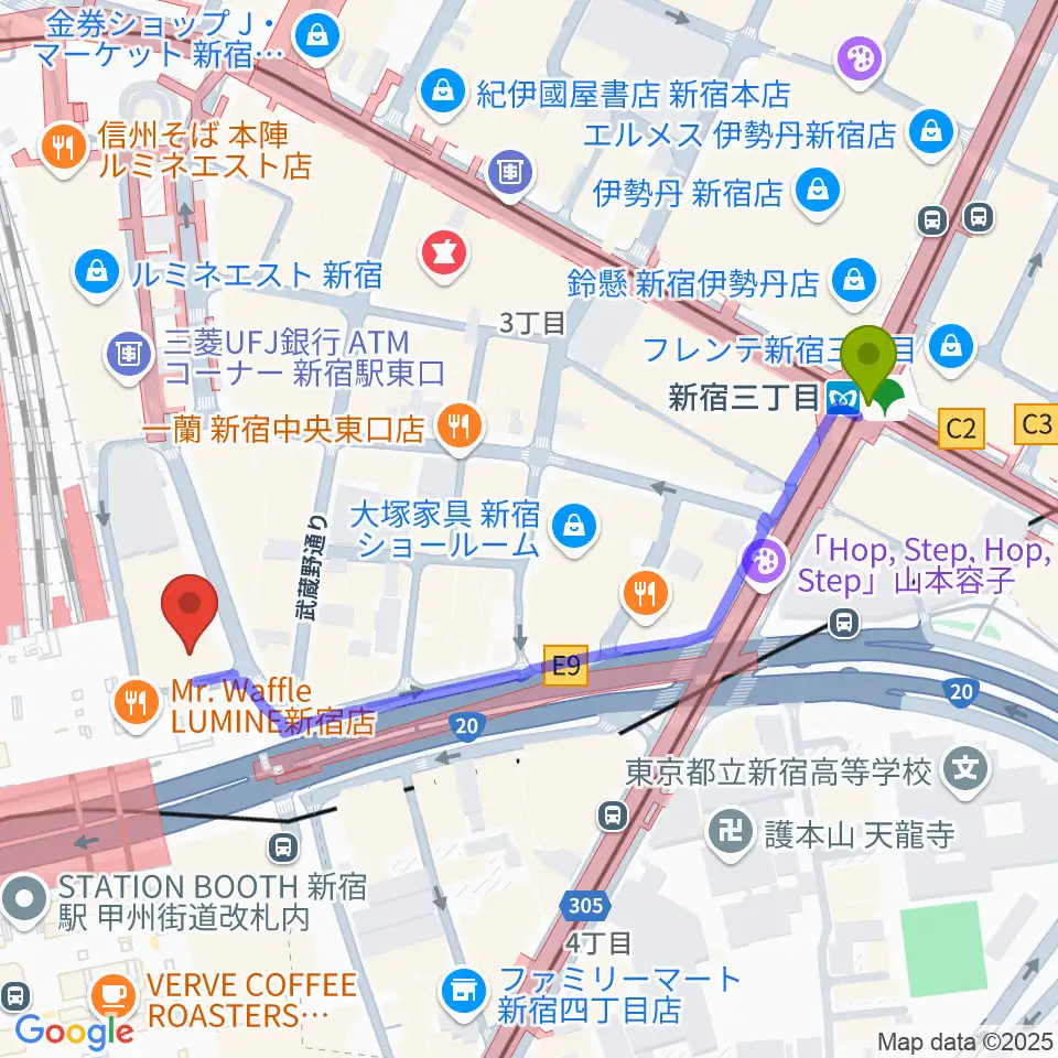 新宿三丁目駅からタワーレコード新宿店へのルートマップ地図