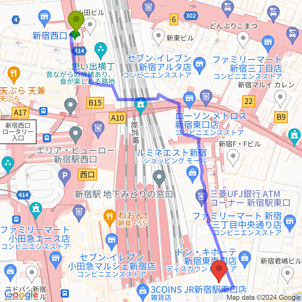 新宿西口駅からタワーレコード新宿店へのルートマップ地図