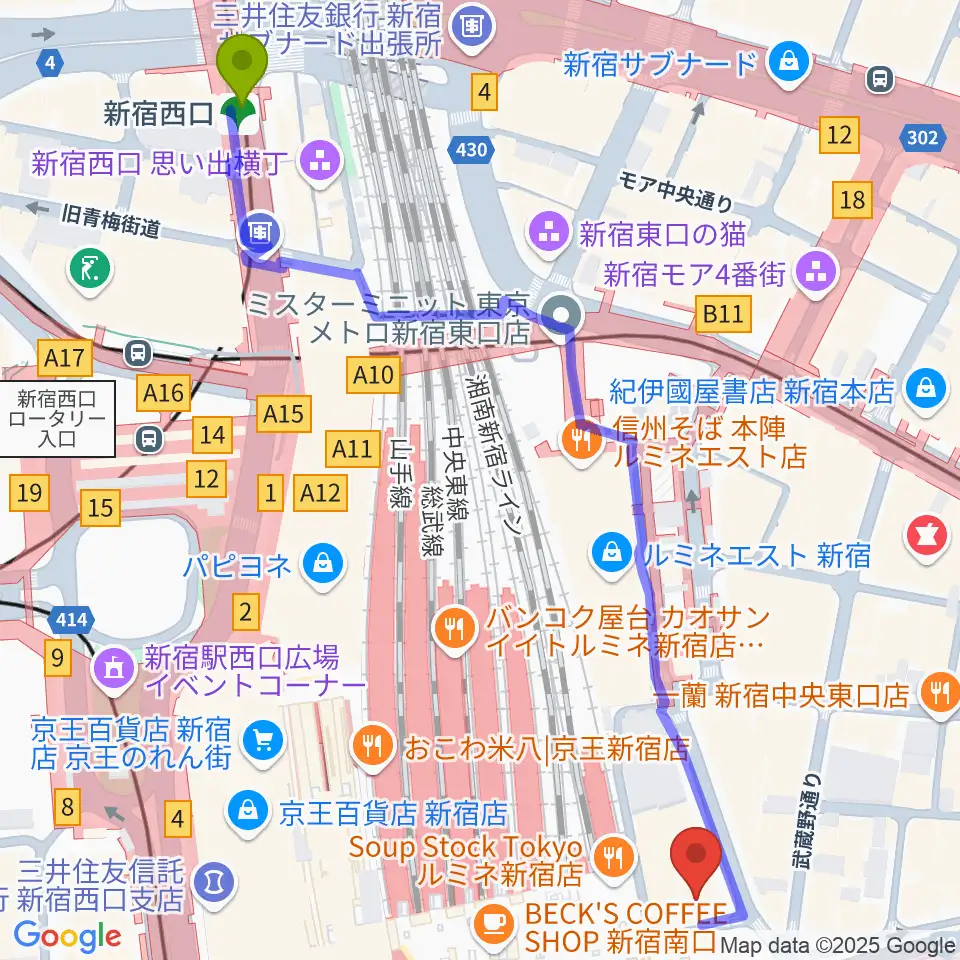 新宿西口駅からタワーレコード新宿店へのルートマップ地図