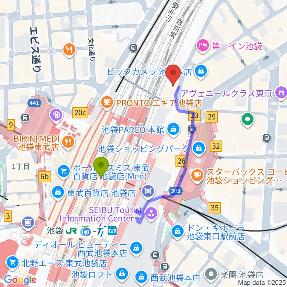タワーレコード池袋店の最寄駅池袋駅からの徒歩ルート（約3分）地図