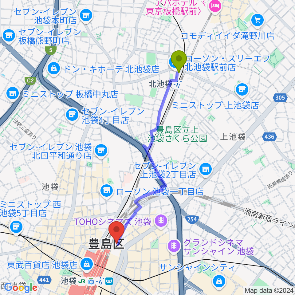 北池袋駅からタワーレコード池袋店へのルートマップ Mdata