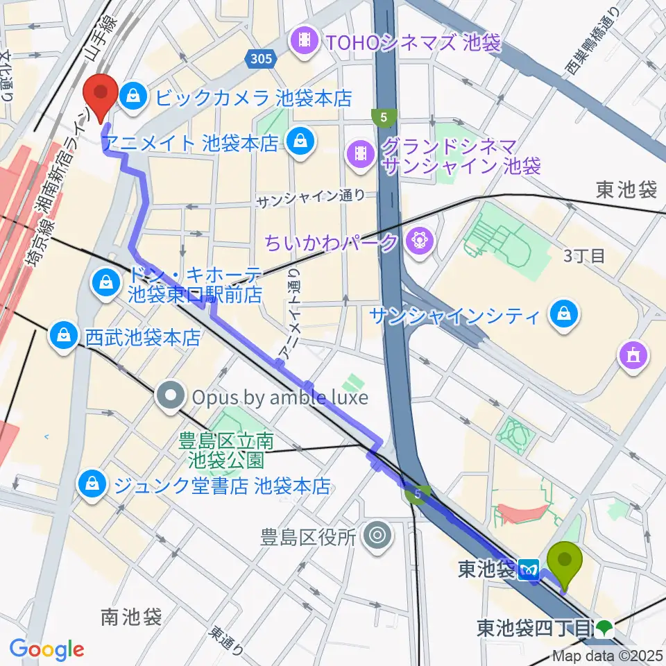 東池袋駅からタワーレコード池袋店へのルートマップ地図