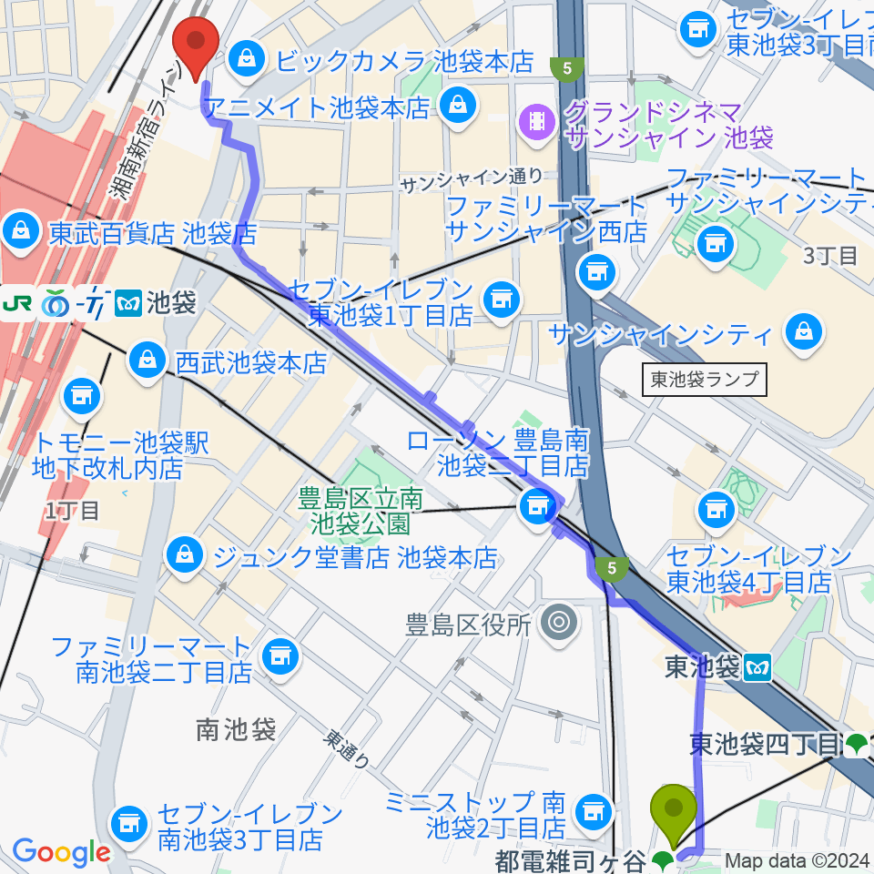 都電雑司ヶ谷駅からタワーレコード池袋店へのルートマップ地図