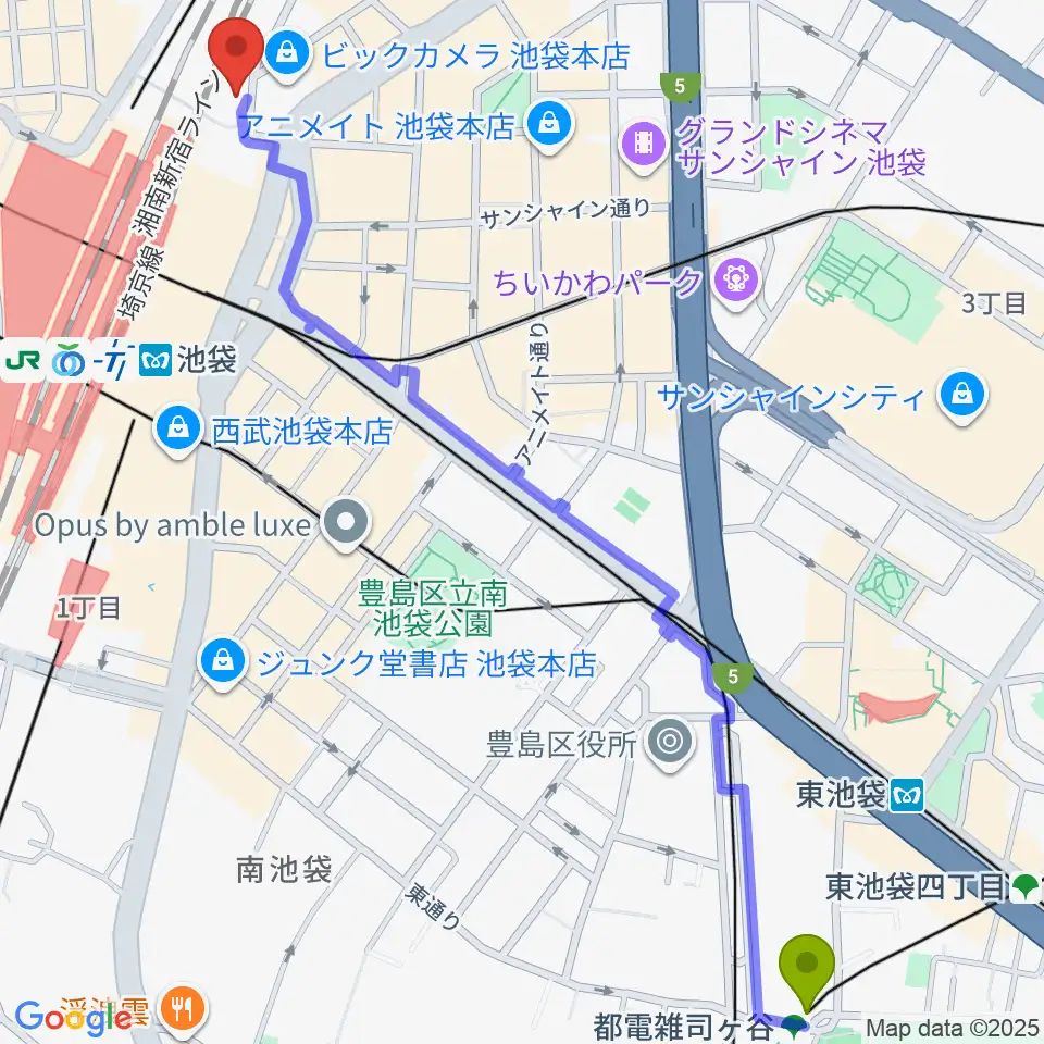 都電雑司ヶ谷駅からタワーレコード池袋店へのルートマップ地図