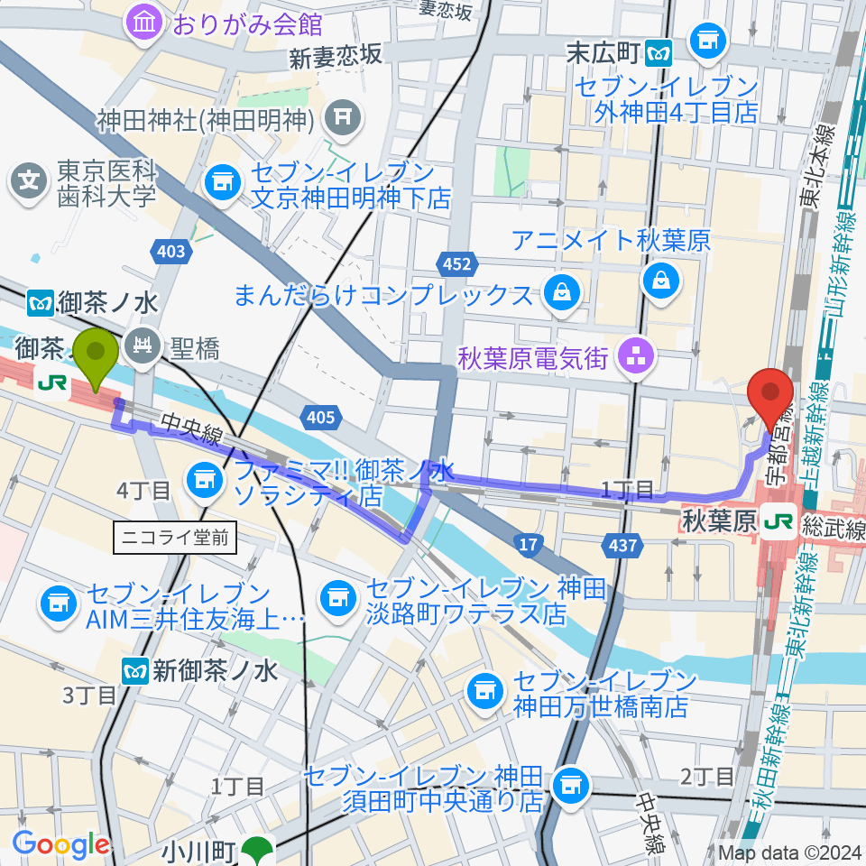 御茶ノ水駅からタワーレコード秋葉原店へのルートマップ Mdata