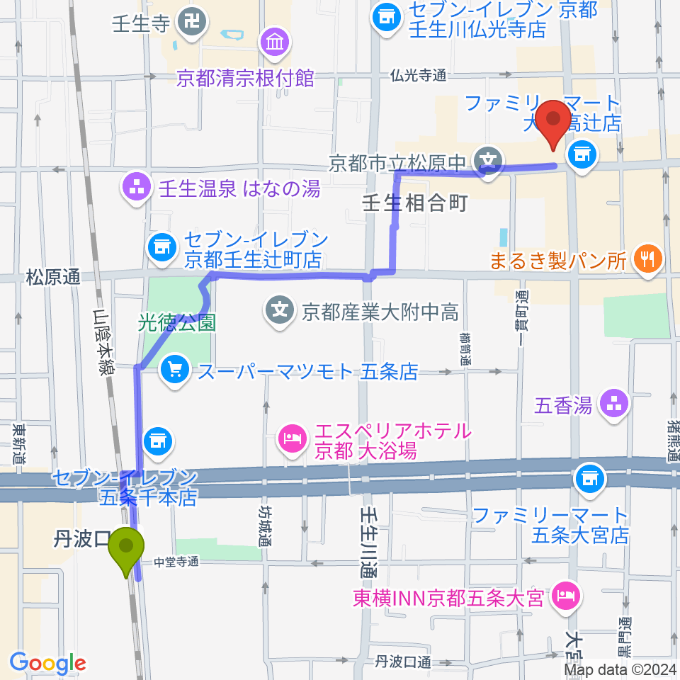 丹波口駅から京都 夜想へのルートマップ地図