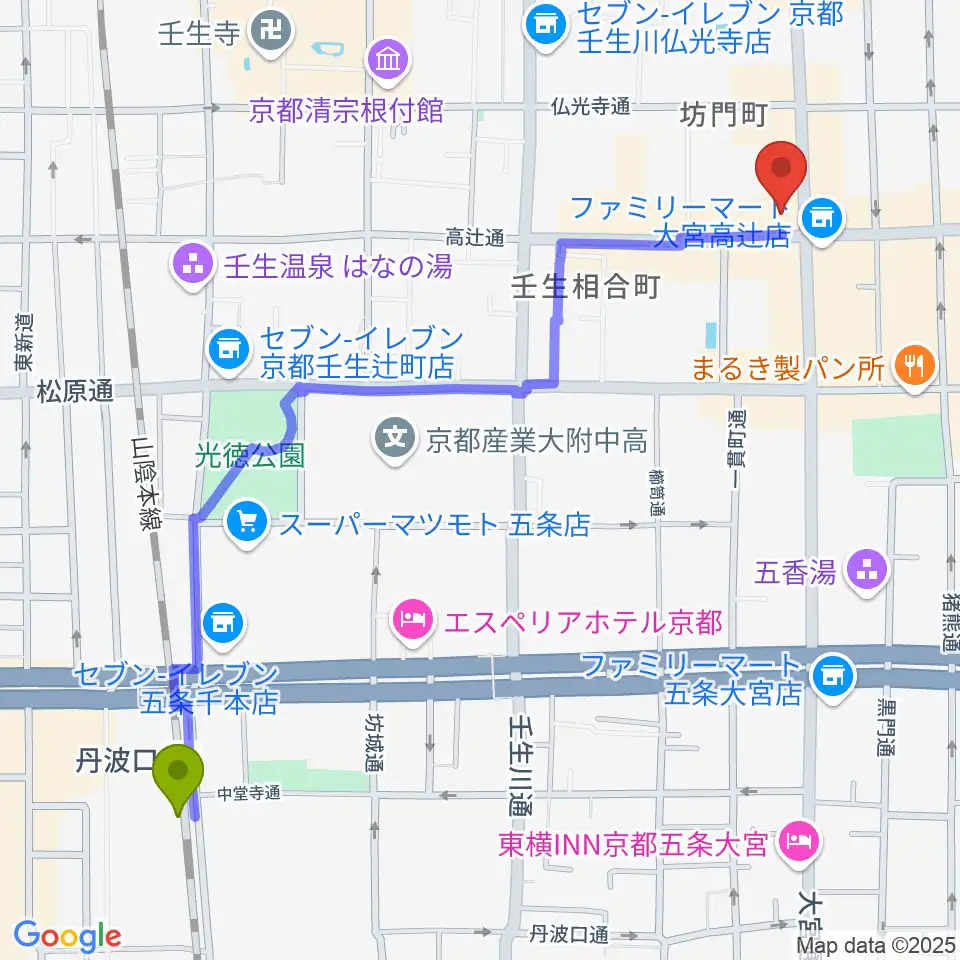 丹波口駅から京都 夜想へのルートマップ地図