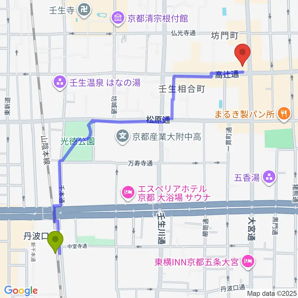 丹波口駅から京都 夜想へのルートマップ地図