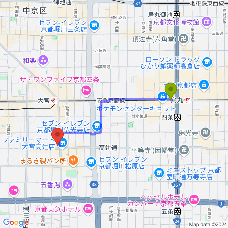 烏丸駅から京都 夜想へのルートマップ地図