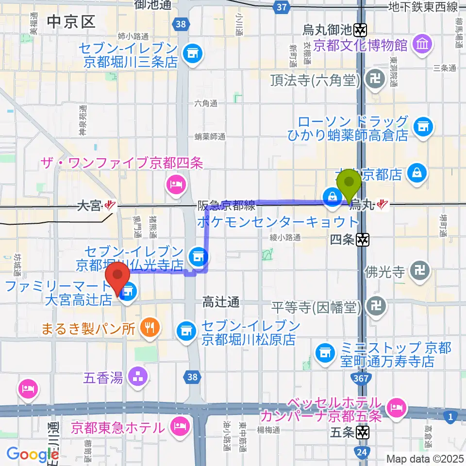 烏丸駅から京都 夜想へのルートマップ地図