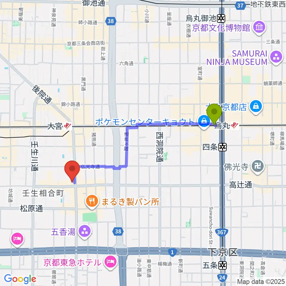 烏丸駅から京都 夜想へのルートマップ地図
